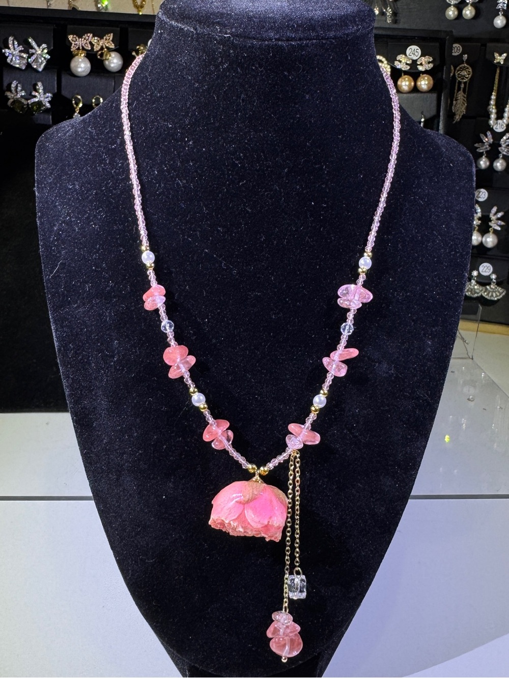 Real Preserved Rose & Watermelon Quartz Necklace – Adjustable